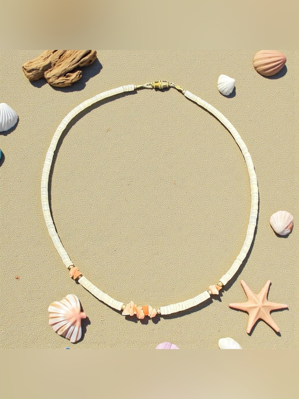 🐚Vintage Puka Shell Surfer Style Choker with Peach Chip Accents/EUC🐚